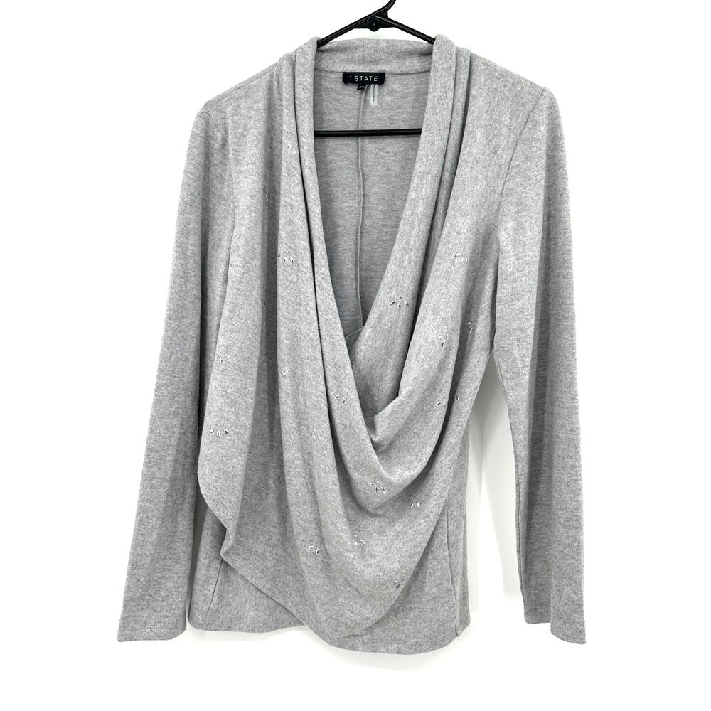 1.State Size Medium Attached Wrap Style Pullover Sweater Gray Embellished Draped